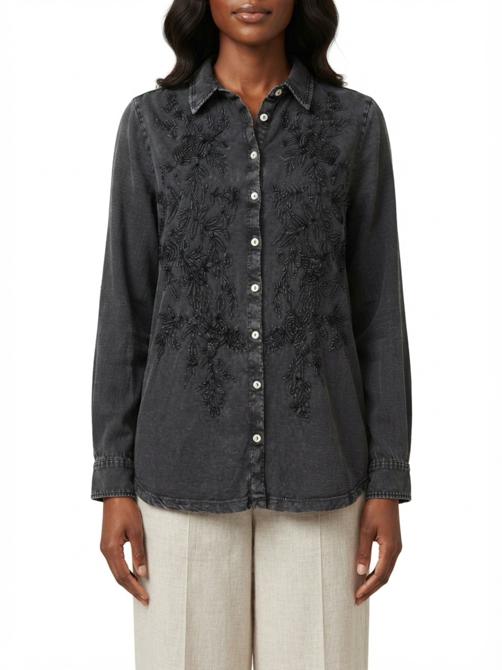 Soft Surroundings Tunic Shirt Floral Embroidered Roll Tab Cotton Charcoal XL